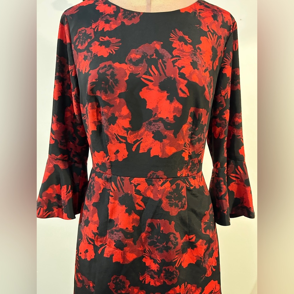 Cynthia Steffe Floral Ruffle Sleeve Sheath Dress Red Black Size 2 - Picture 7 of 14
